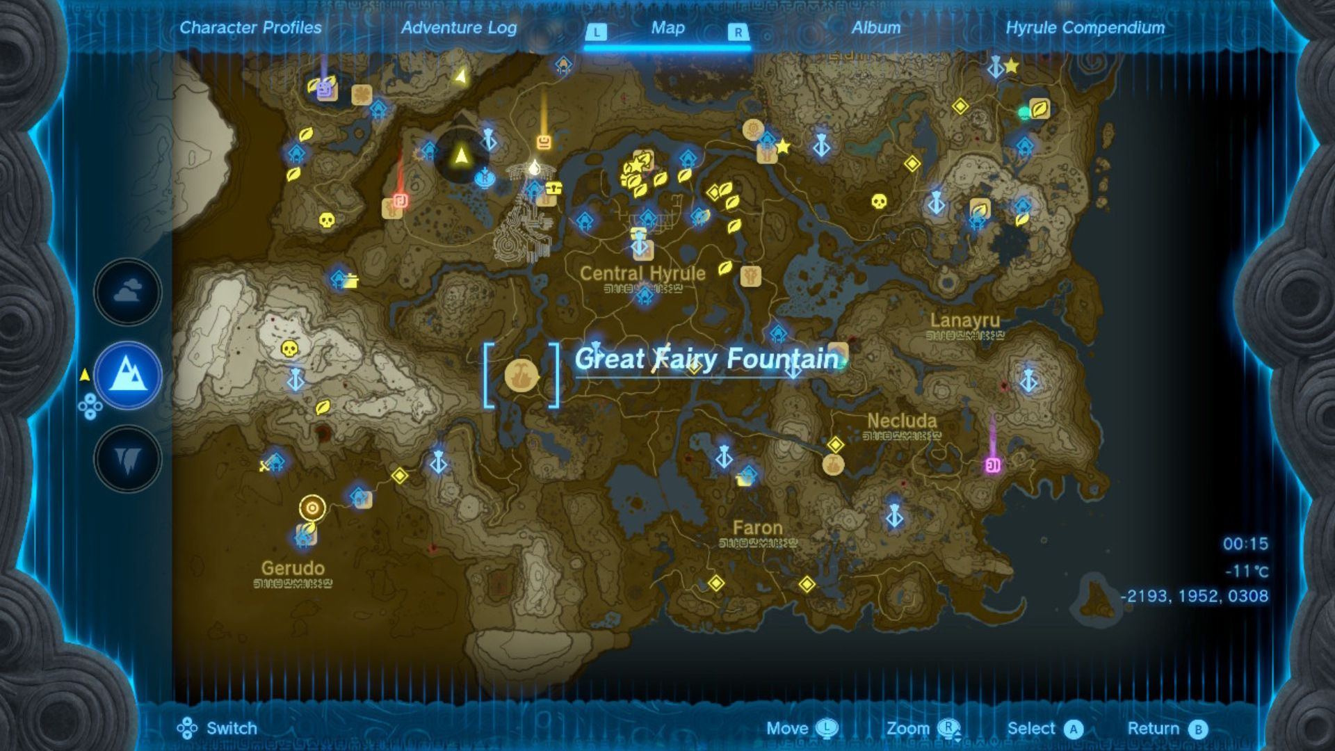 Zelda: Tears of the Kingdom wspaniałe bajkowe lokalizacje zaznaczone na brązowo-białej mapie Hyrule usianej różnymi szpilkami i znaczkami, drogami i rzekami.
