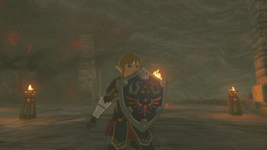Zelda: Tears of the Kingdom Hylian shield - Link, a blond boy in ornate armour holding up a blue decorated shield in front of him with a lit brazier behind in a cave with stone masonry all about.