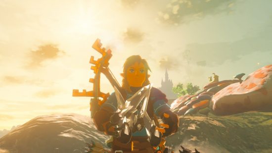 Zelda Tears of the Kingdom item duplication glitch - Link, a blonde boy in a blue tunic with a bow an arrow on his back, cradling five diamond in his arms as the sun sets behind a cloud sky behind him.