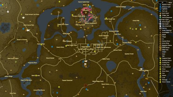 Zelda: Tears of the Kingdom map highlighted in mango yellow circles on a brown and white map of Hyrule dotted with different pins and stamps, roads and rivers.