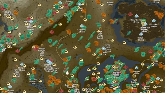 Zelda: Tears of the Kingdom map highlighted in mango yellow circles on a brown and white map of Hyrule dotted with different pins and stamps, roads and rivers.