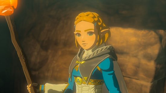 Zelda Tears of the Kingdom maps - Zelda, a blonde woman in a blue tunic and black gown. The shot is a closeup on Zelda's face. She is holding a torch.
