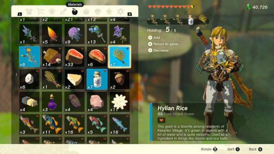 Zelda Tears of the Kingdom recipe -- a menu screen showing a grid of ingredients on the left, and Link, a blonde boy, holding a load of ingredients in his arms on the right.
