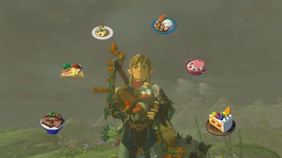 Zelda Tears of the Kingdom recipe -- Link, a blonde boy with a bow and arrow and large hammer on his back, cradling numerous ingredients like a bottle of meat, large cut of meat, rice, tomatoes, and mushroom, in his arms, standing below a stormy sky.