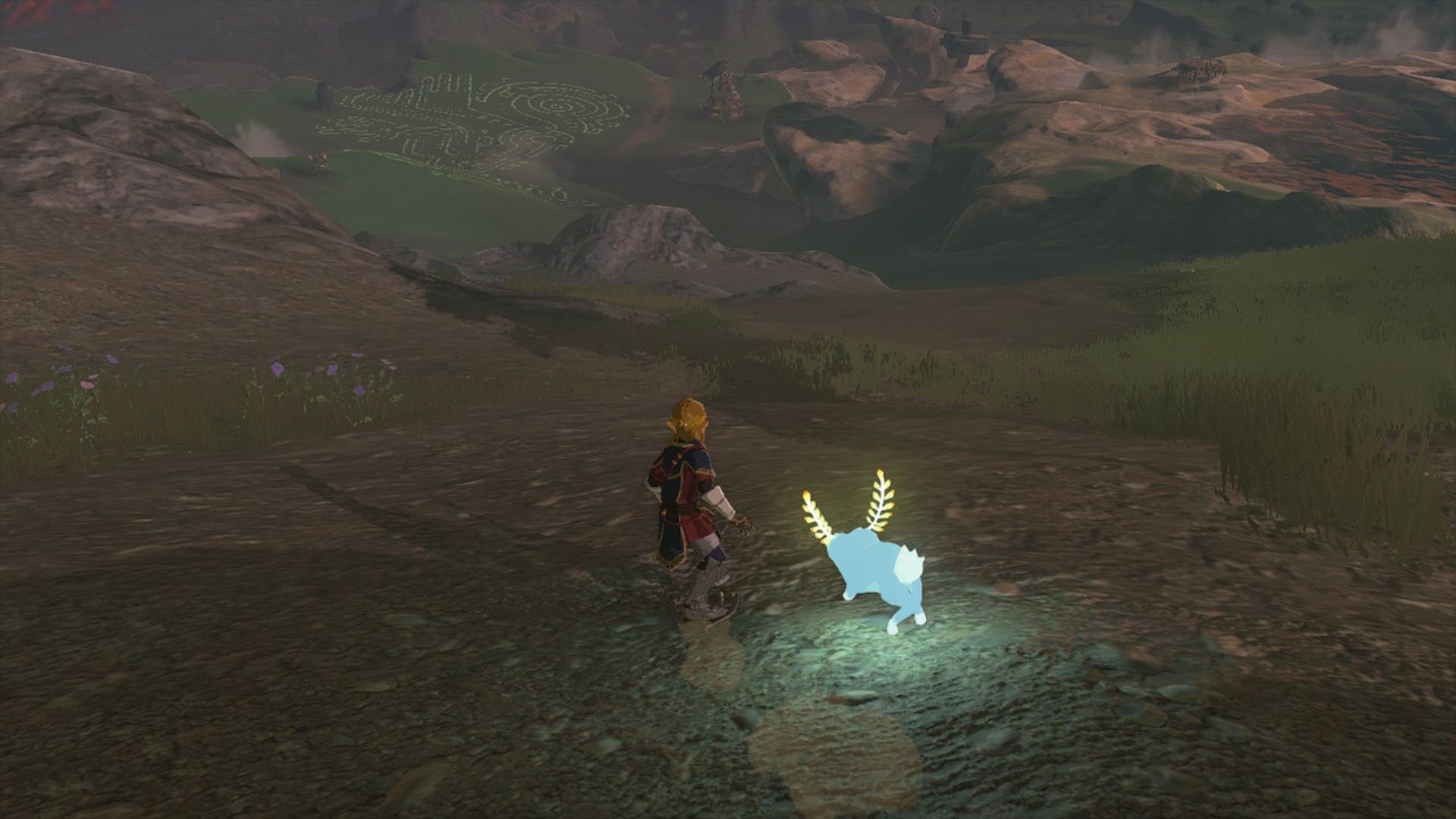 Zelda: Tears of the Kingdom shield surf - Link, a blond boy in old fashioned guards armour surfing on his shield own a grassy hill at night. Next to him is a rabbit-like creature except it looks like it's made out of blue light.