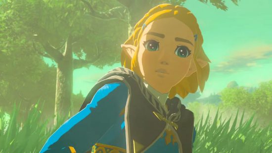 Geoglify Zelda Tears of the Kingdom - Link, blond chłopiec w niebieskiej tunice, skaczący w powietrzu i spadające skały, wyciągający rękę do Zeldy, blondynki w niebieskiej tunice i czarnej sukni.  Ujęcie to zbliżenie na twarz Zeldy.