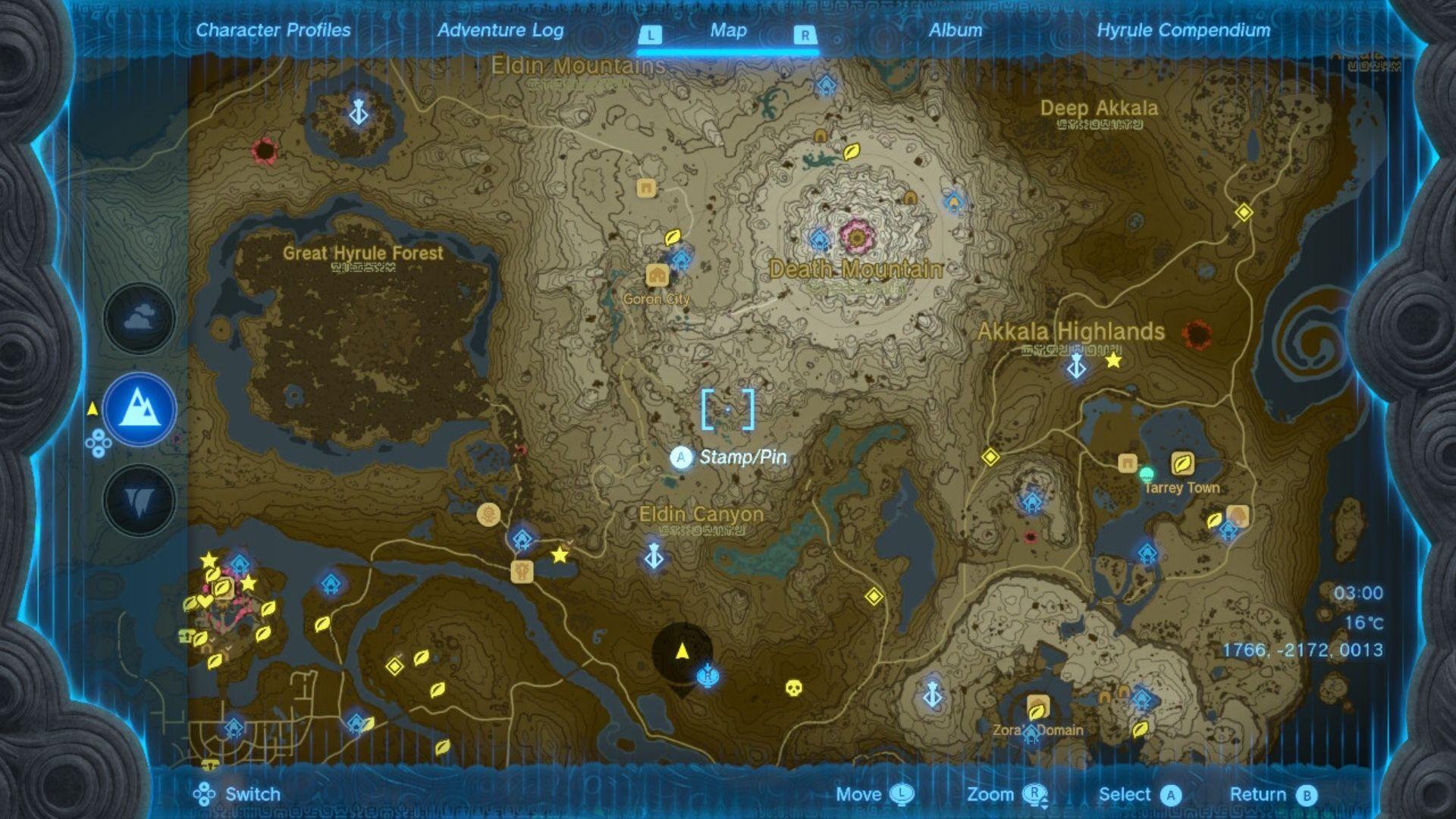 Zelda: Kapliczki Tears of the Kingdom zaznaczone żółtymi kółkami mango na brązowo-białej mapie Hyrule usianej różnymi szpilkami i znaczkami, drogami i rzekami.