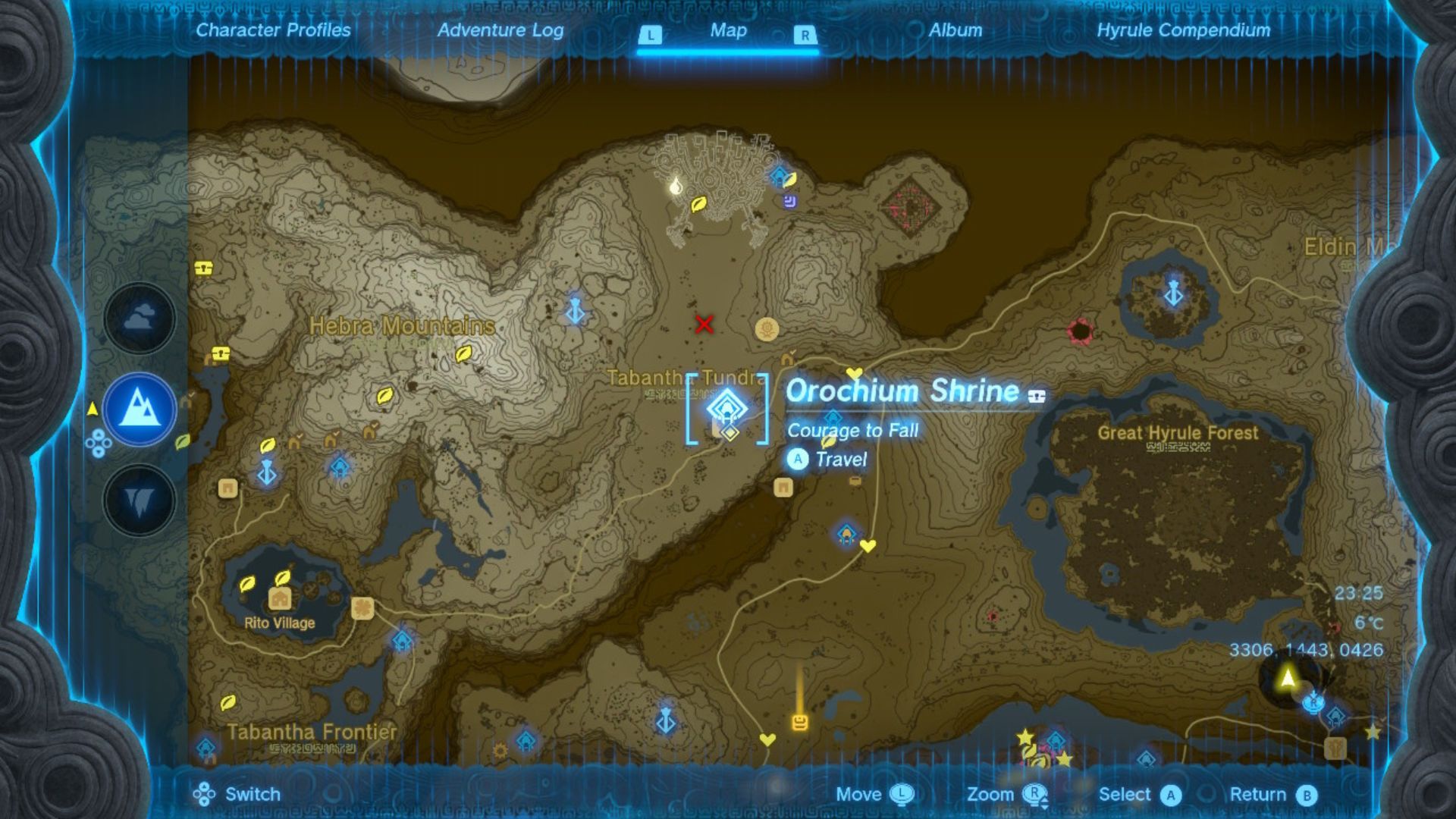 Zelda: Świątynia Tears of the Kingdom Orochium zaznaczona na brązowo-białej mapie Hyrule usianej różnymi szpilkami i znaczkami, drogami i rzekami.