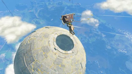 Link using a paraglider to fly towards a Zelda tears of the kingdom sky island