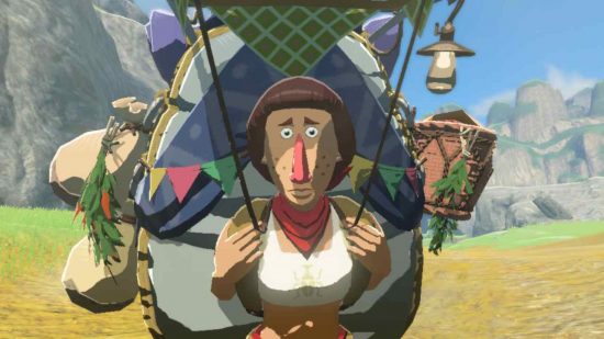 Zelda Tears of the Kingdom stables - Beedle, a man with a giant rucksack and long cartoon face and brown bowl cut walking along in a green and brown patch of land.