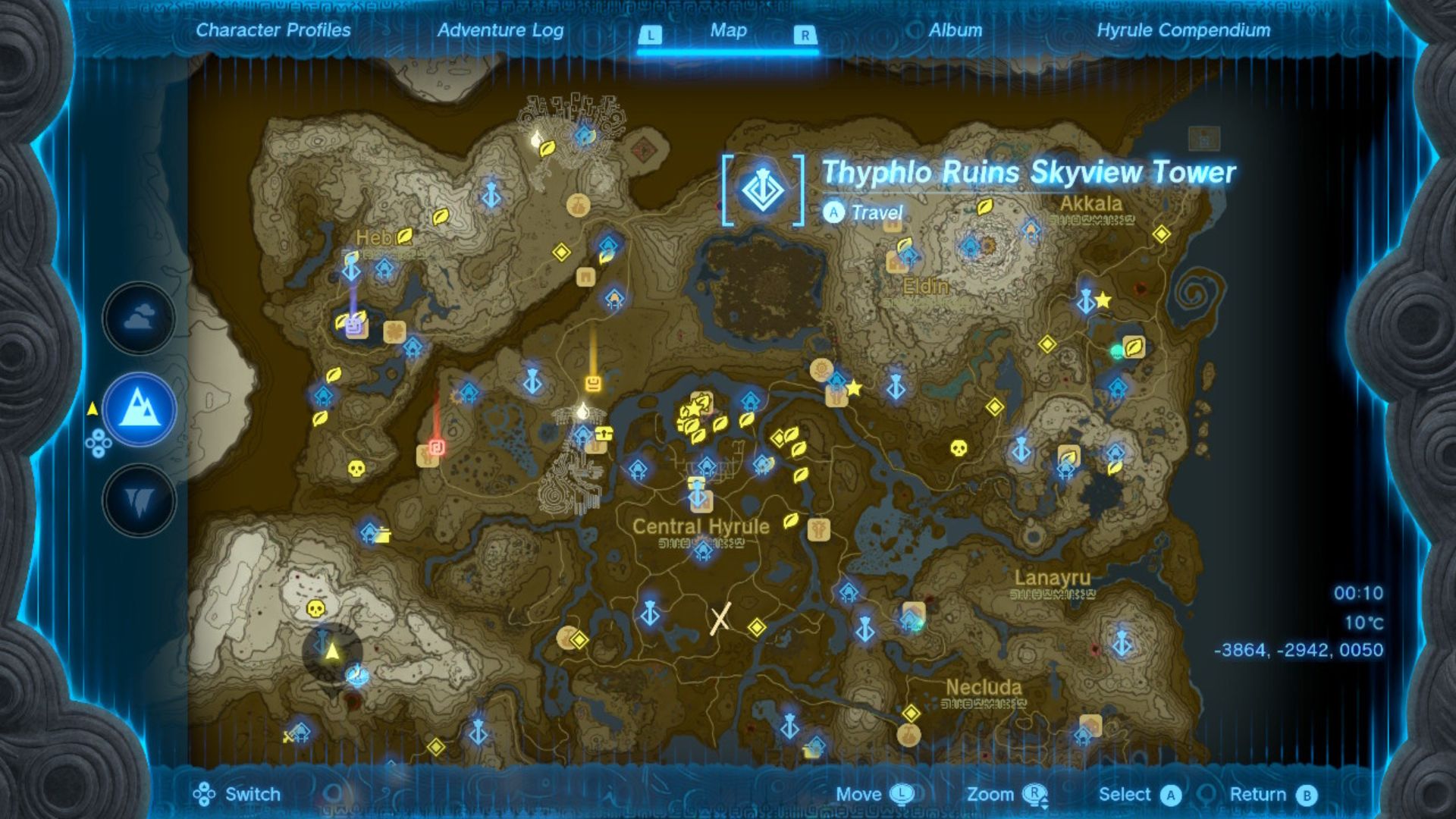 Zelda: Lokacje wieży Tears of the Kingdom zaznaczone na brązowo-białej mapie Hyrule usianej różnymi szpilkami i znaczkami, drogami i rzekami.