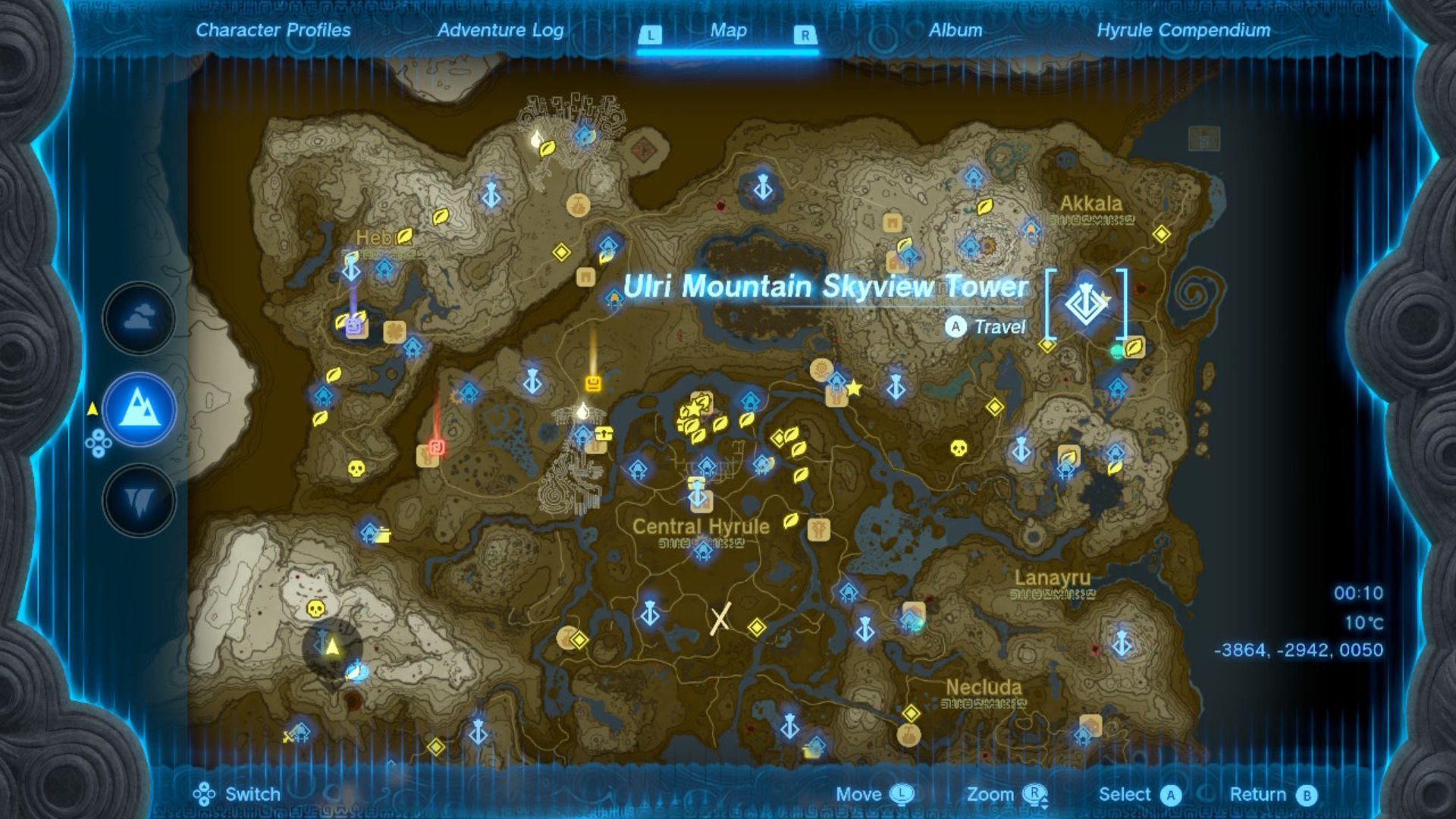 Zelda: Lokacje wieży Tears of the Kingdom zaznaczone na brązowo-białej mapie Hyrule usianej różnymi szpilkami i znaczkami, drogami i rzekami.