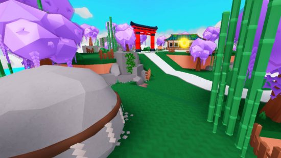 Anime Gods Simulator codes: a screenshot from the Roblox game Anime Gods Simulator shows a scenic landscape and a pagoda