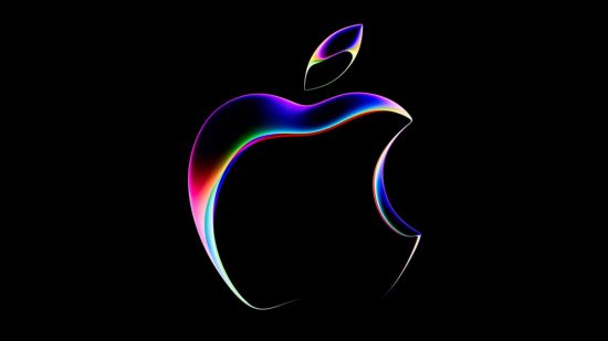Apple WWDC 2023 header showing the company's logo in a red greena nd blue wavy abstract design on a black background.