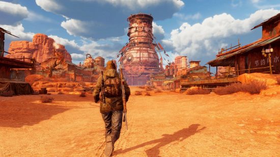 Ashfall release date header showing the back of character jogging through a sandy wasteland. Everything is orange, and in the distance there's a makeshift tower out of sand-dusted steel sheets, by the looks of it. The character is in dark military gear and has a rifle over their shoulder and rucksack on their back.
