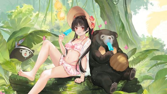 Azur Lane tier list: A summer skin showing a brunette girl in a bikini and pigtails eating blue ice lollies with a brown bear in the forest