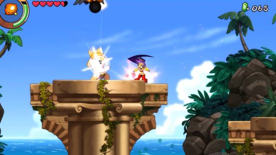 Best pirate games: Shantae and the Seven Sirens. Image shows Shantae in battle in a tropical locale.