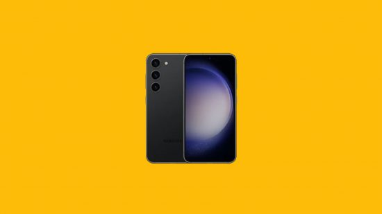 One of the best Samsung phones, show twice, in black -- one shot with screen facing us, the other the back, slightly layered over each other, on a mango yellow background.