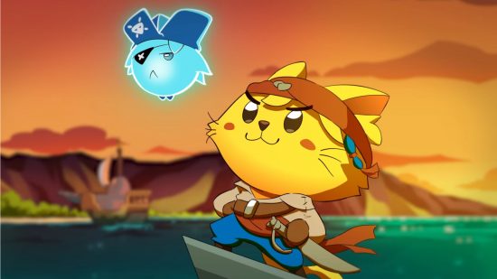 The cat from the Cat Quest: Pirates of the Purribean release window trailer looking out on a seafaring voyage with a ghostly friend