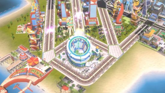 Una ciudad en Cityscapes Sim Builder con un estadio de fútbol 
