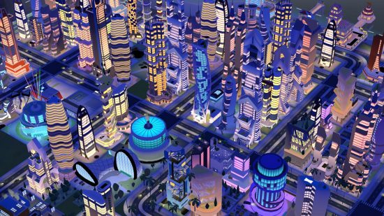 Una ciudad totalmente construida en Cityscapes Sim Builder con rascacielos de noche