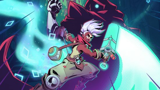 Convergence: A League of Legends Story release date art showing Elko, a young man with spiky white hair, a white and black gauntlet on one arm, a blue sword in the other, baggy grey trousers and a red scarf swinging his right arm behind his left side, swinging his left gauntlet arm into the air, and looking ready for action in front of a blue, red and purple abstract background.