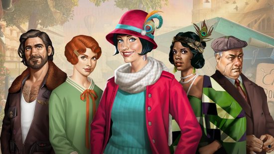 Detective games: Key art from June's Journey featuring several characters including June herself in the centre, wearing a bright red cardigan and matching hat with a feather in it.