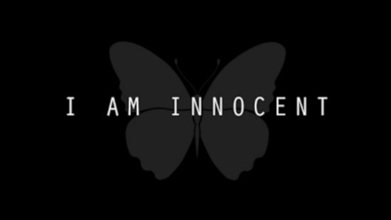 Detective games: A black screen with white text reading 'I AM INNOCENT' overlayed on a dark grey butterfly silhouette in the centre.