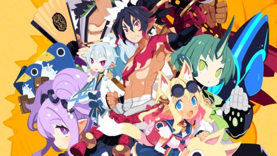 Disgaea 7 release date - colourful key art with a bunch of anime characters in a large collage like a splatter of paint across the yellow background.