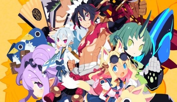 Disgaea 7 release date - colourful key art with a bunch of anime characters in a large collage like a splatter of paint across the yellow background.