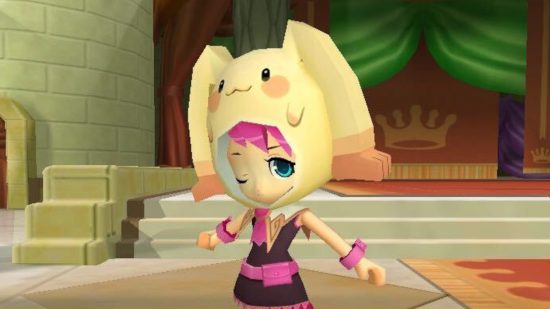 Dokapon Kingdom Connect review: A pink-haired magician character wearing a hood that looks like a rabbit with long ears that act as hands.