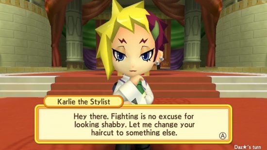 Dokapon Kingdom Connect review: Karlie the hairstylist talking to the player character.
