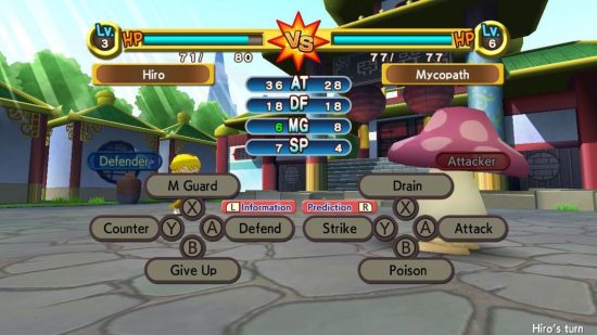Dokapon Kingdom Connect review: A screenshot of the combat screen with a player going against a mushroom monster.