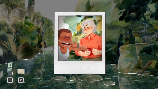 Dordogne release date header showing a polaroid photo overlayed in the centre of a watercolour nature scene. In the photo we see an old woman with short hair in a red shirt looking surprised at a young boy with a shaved head pulling his mouth wide with single fingers in each corner.
