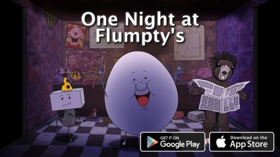 FNAF fan games: Key art for One Night at Flumpty's showing Flumpty andd his friends.
