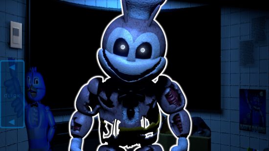 FNAF fan games: Jolly the bee, an animatronic bee styled after the Jollibee mascot, torn up and outlined in white, pasted on a screenshot of the game's office.