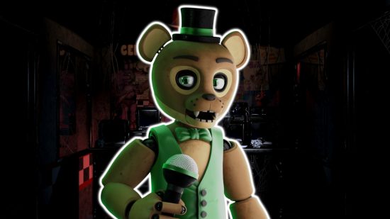 FNAF fan games: Popgoes the Weasel from Popgoes Evergreen outlined in white and pasted on a background of the FNAF 1 office.