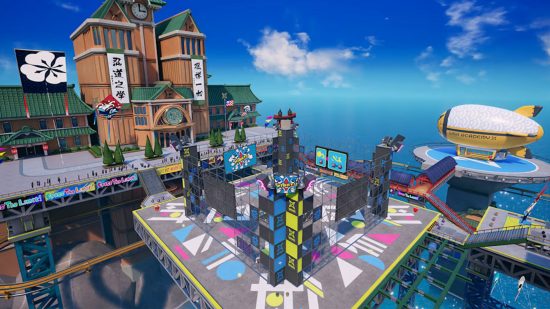 A stage from the free Switch games Ninjala featuring sports equipment