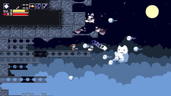 Games like Undertale - a pixelated character shooting lasers at a cloud-cat hybrid