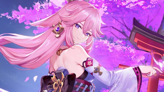 Genshin Impact 3.7 banners - Yae Miko looking over her shoulder and smiling