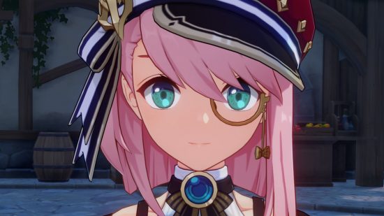 Genshin Impact Charlotte: A zoomed-in screenshot of Charlotte's face showing her pink hair, green-blue eyes, and monacle.