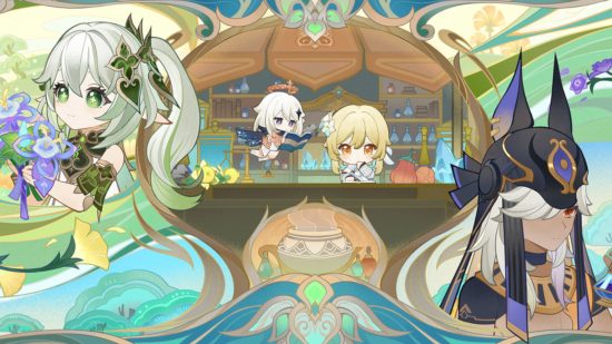 Genshin Impact Glittering Elixirs web event art showing Nahida, Paimon, Traveler, and Cyno making potions together