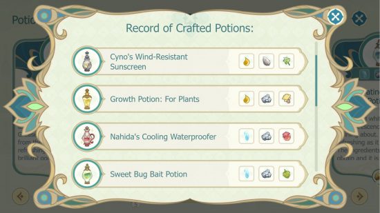 Genshin Impact Glittering Elixirs web event screenshot showing a player's crafting log