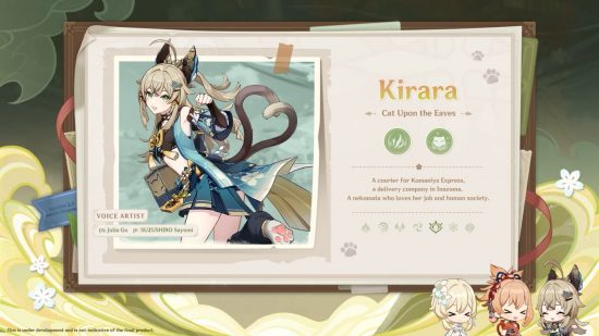 Genshin Impact Kirara: A screenshot from the 3.7 livestream featuring art of Kirara and information about her, with chibis of Lumine, Yoimiya, and Kirara in the bottom right corner.