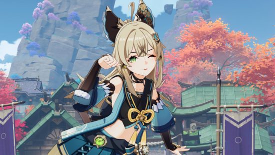Genshin Impact Kirara: A screenshot of Kirara posing in Ritou next to some Inazuma banners, doing a nya face.