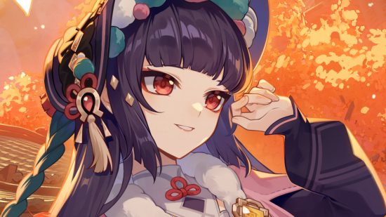 Genshin Impact Yun Jin: Yun Jin's 2023 birthday art zoomed in on her face against an orange leaf background.