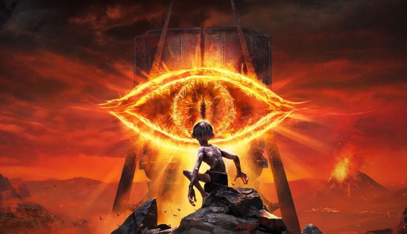 Gollum Nintendo Switch - Sauron's big red eye shining from a tower in a red sky at the tiny pesky humanoid goblin that is gollum.