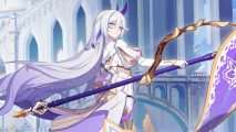 Key art of Misteln, a character new to the Honkai Impact 3rd Woven from Last Snow update, carrying her javelin in one hand with long flowing white hair