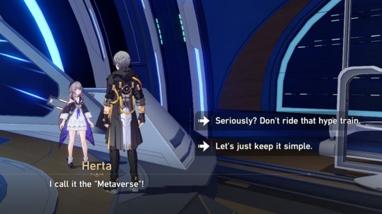 Screenshot of Herta asking about the Metaverse for Honkai Star Rail easter eggs and references feature