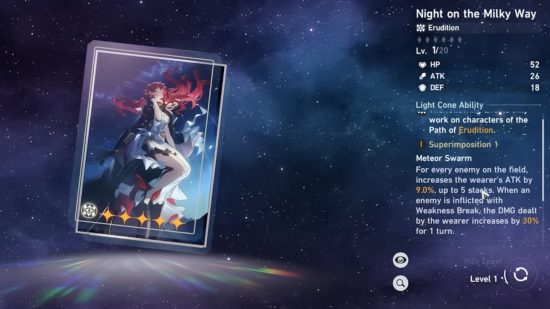 Screenshot of the card description for Night on the Milky Way light cone for Honkai Star Rail easter eggs and references feature